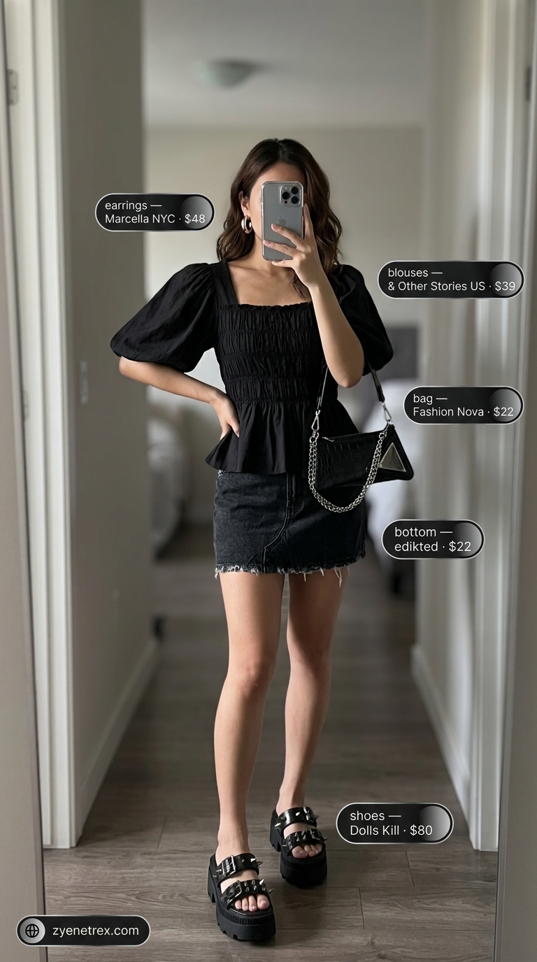 Edgy Puff Sleeve Blouses 2026: Urban Evening Urban edge evening outfit with black cropped puff sleeve blouse and distressed denim skirt for summer 2026.