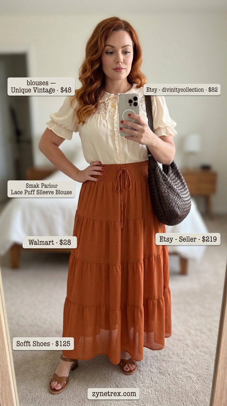 Vintage Puff Sleeve Blouses 2026: Summer Day Look Vintage inspired outfit with cream broderie anglaise puff sleeve blouse and burnt orange maxi skirt for summer 2026.