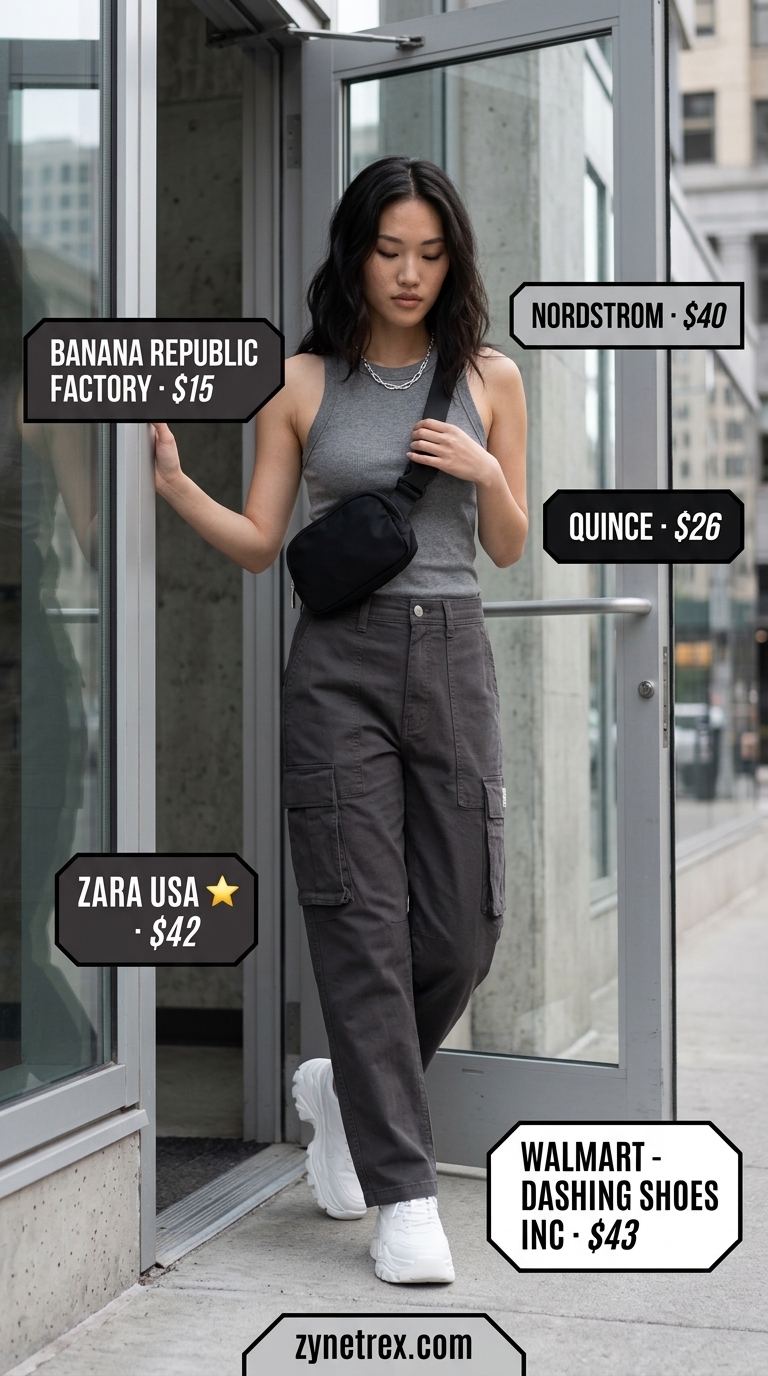 Relaxed Oversized Summer Outfit 2026: Downtown Explorer Relaxed oversized summer outfit for women 2026: Charcoal cargo pants, black tank, silver necklace, and belt bag for downtown.