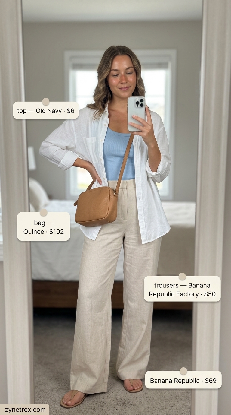 Relaxed Oversized Summer Outfit 2026: City Cafe Comfort Relaxed oversized summer outfit for women 2026: Cream linen trousers, white oversized shirt, light blue tank, and brown slides for city cafe.