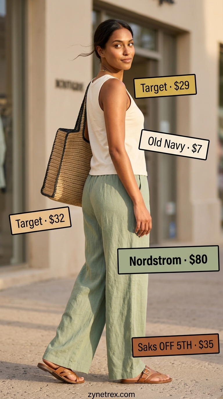 Relaxed Oversized Summer Outfit 2026: Coastal Linen Lounge Relaxed oversized summer outfit for women 2026: Khaki green linen pants, cream tank, gold necklace, and tan slides for beach vacation.