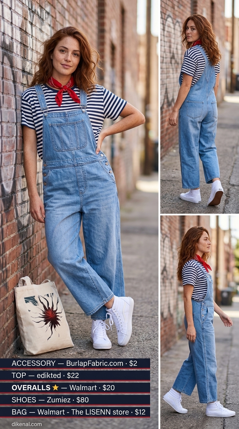 Relaxed Oversized Summer Outfit 2026: Creative Studio Day Relaxed oversized summer outfit for women 2026: Denim overalls, striped tee, red bandana, and canvas tote for creative studio day.