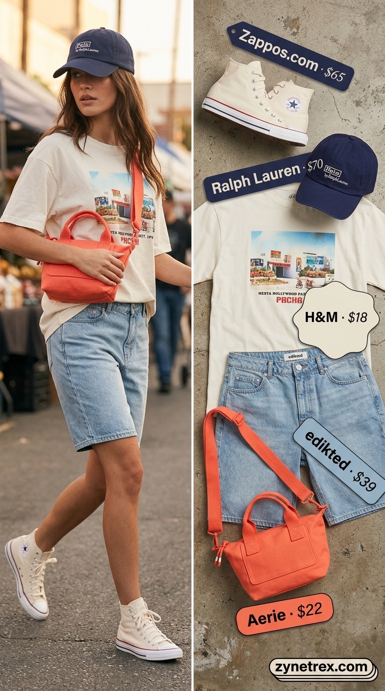 Relaxed Oversized Summer Outfit 2026: Weekend Wanderer Relaxed oversized summer outfit for women 2026: Denim Bermuda shorts, graphic tee, baseball cap, and canvas sneakers for weekend.