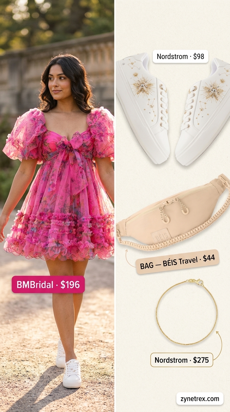 Relaxed Oversized Summer Outfit 2026: Playful Park Day Relaxed oversized summer outfit for women 2026: Pink floral sundress, white sneakers, and belt bag for playful park day.