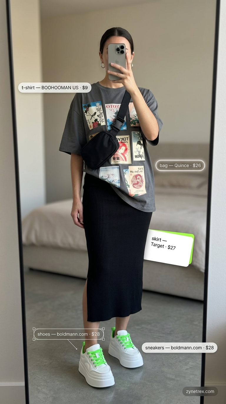 Relaxed Oversized Summer Outfit for Women 2026 | Graphic Tee Style Relaxed oversized summer outfit for women 2026: Charcoal graphic tee, black midi skirt, platform sneakers for art walk.