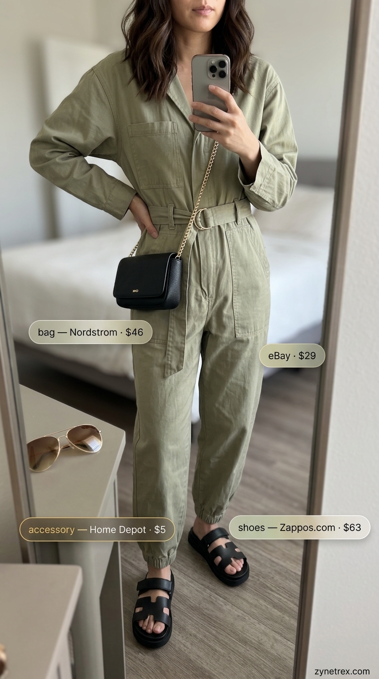 Relaxed Oversized Summer Outfit for Women 2026 | Utility Jumpsuit Relaxed oversized summer outfit for women 2026: Khaki utility jumpsuit, black sandals, gold aviators for city exploration.