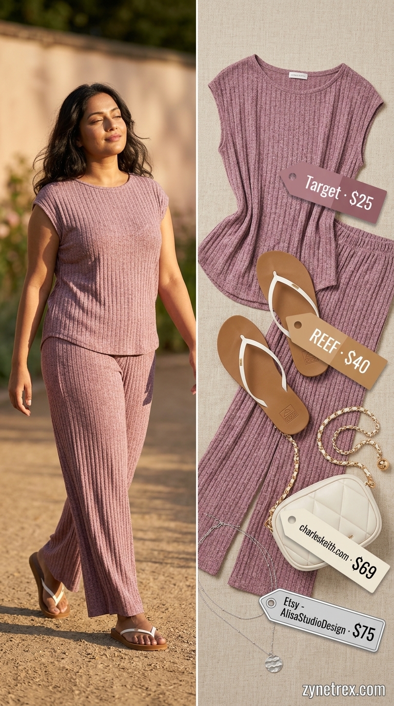 Relaxed Oversized Summer Outfit 2026: Soft Knit Sanctuary Relaxed oversized summer outfit for women 2026: Lavender knit set, off-white sandals, silver necklace, and mini bag for lounge.