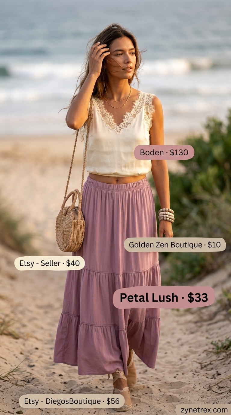 Relaxed Oversized Summer Outfit for Women 2026 | Boho Beach Skirt Relaxed oversized summer outfit for women 2026: Lavender tiered skirt, cream camisole, straw bag for beach getaway.