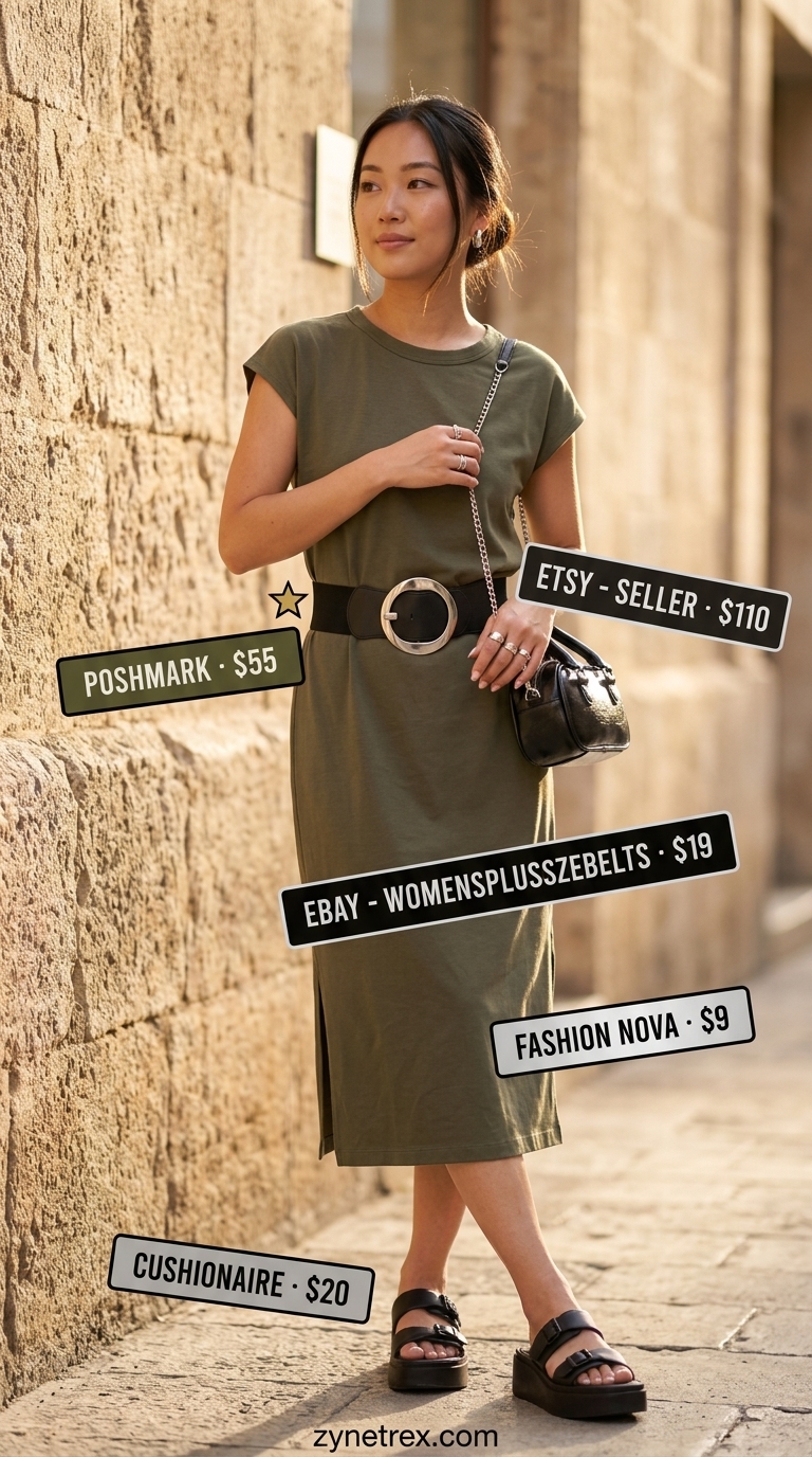 Relaxed Oversized Summer Outfit for Women 2026 | T-Shirt Dress Relaxed oversized summer outfit for women 2026: Olive t-shirt dress, black sandals, silver rings for artsy day.