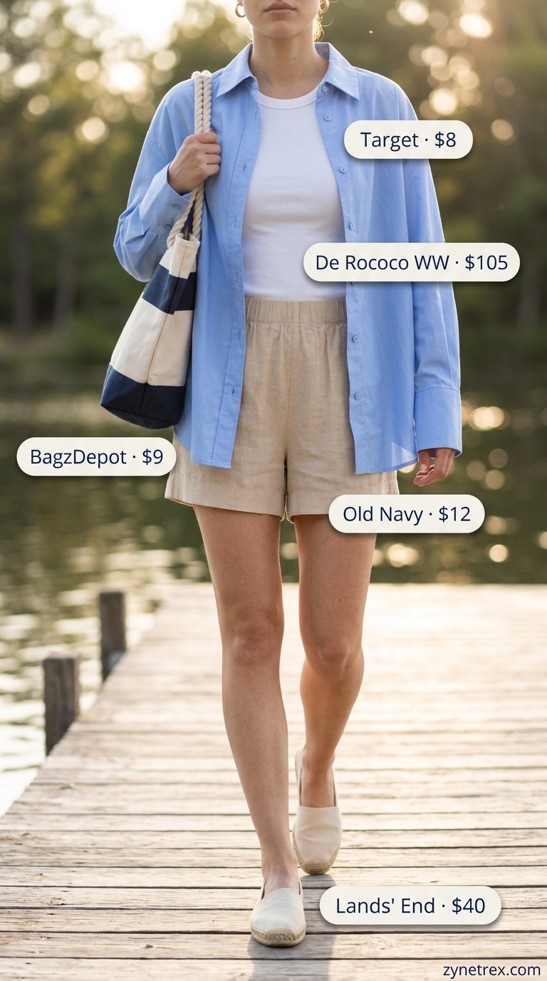 Relaxed Oversized Summer Outfit 2026: Lakeside Leisure Day Relaxed oversized summer outfit for women 2026: Sky blue oversized shirt, white shorts, espadrilles, and canvas tote for lakeside.