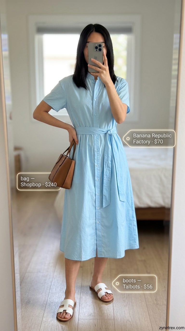 Relaxed Oversized Summer Outfit for Women 2026 | Shirtdress Style Relaxed oversized summer outfit for women 2026: Pale blue shirtdress, white slides, tan tote for elevated casual.