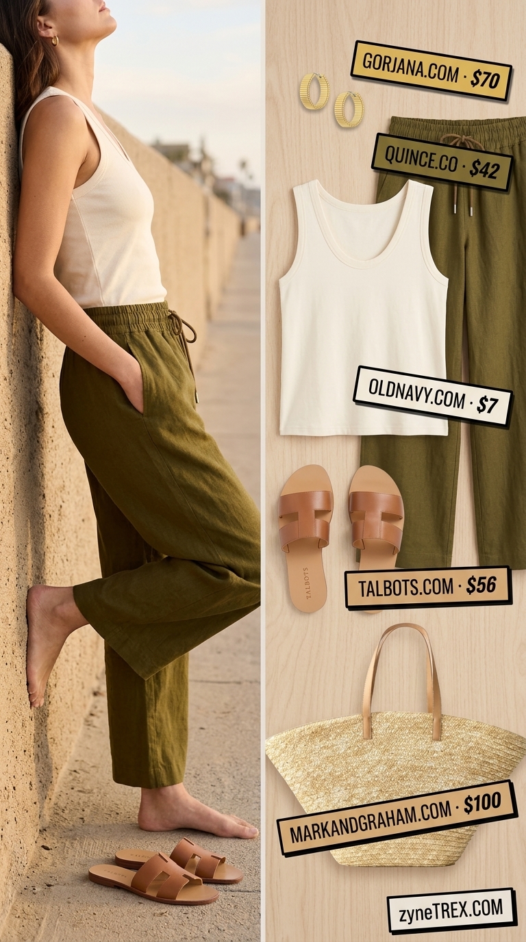 Relaxed Oversized Summer Outfit for Women 2026 | Beach Vacation Style Relaxed oversized summer outfit for women 2026: Sage green linen pants, cream tank, tan slides for beach vacation.
