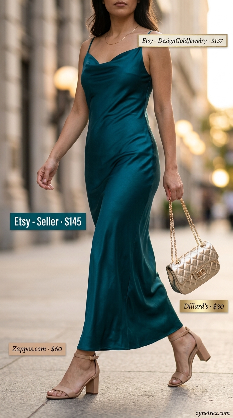 Relaxed Oversized Summer Outfit 2026: Sunset Soirée Slip Relaxed oversized summer outfit for women 2026: Deep teal slip dress, nude heels, gold jewelry, and mini bag for sunset soirée.