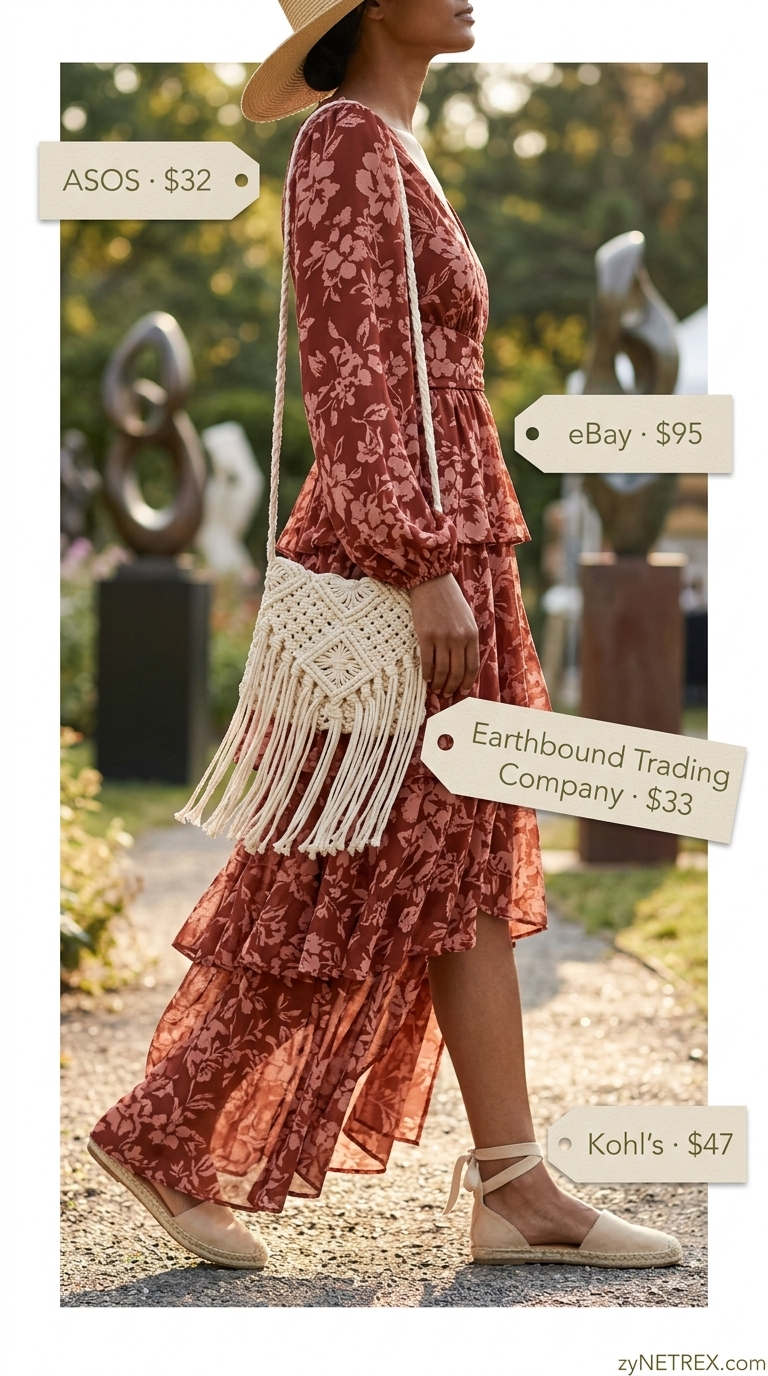 Relaxed oversized summer outfit for women 2026: Terracotta floral maxi dress, straw hat, espadrilles for music festival.