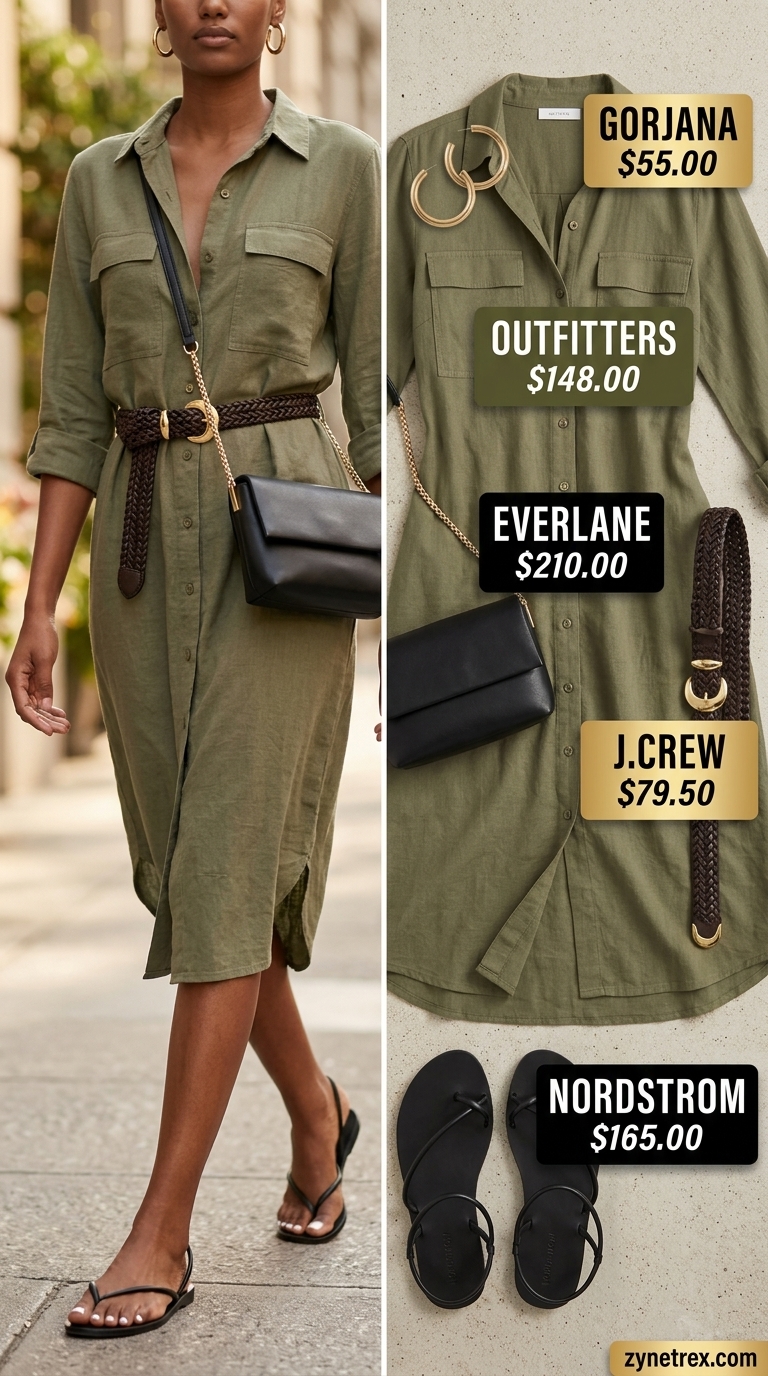 Relaxed Oversized Summer Outfit 2026: Urban Safari Explorer Relaxed oversized summer outfit for women 2026: Khaki utility dress, black sandals, gold hoops, and crossbody bag for urban safari.