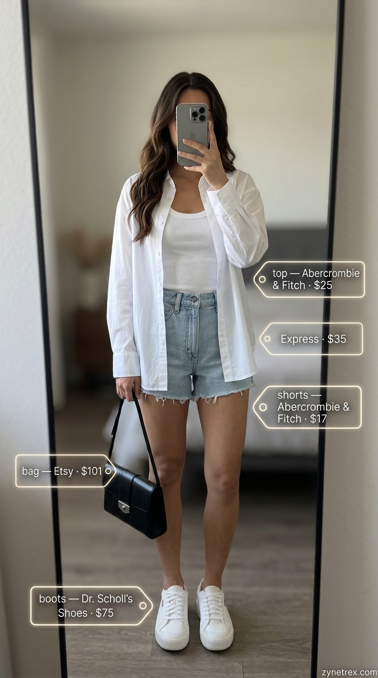 Relaxed Oversized Summer Outfit for Women 2026 | City Break Cool Relaxed oversized summer outfit for women 2026: White oversized shirt, denim shorts, sneakers for city break.