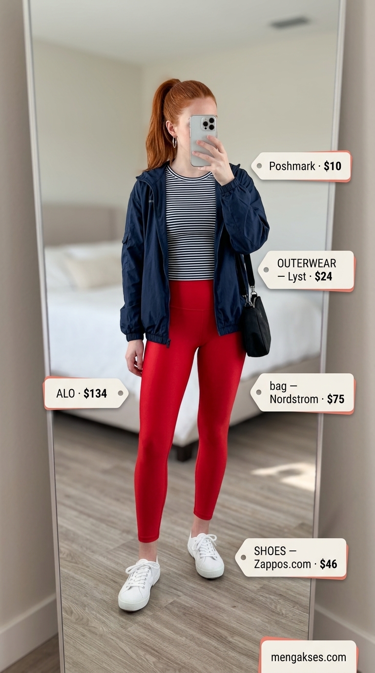 Retro Sporty Leggings for Summer 2026 Retro sporty legging outfits summer for women 2026: Red leggings, striped tee, navy windbreaker, and canvas sneakers.