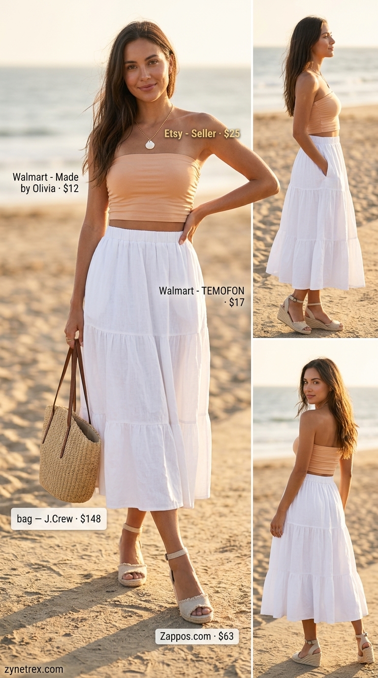 Beach Party Ruched Tube Top Outfits 2026 Peach ruched summer tube top outfit 2026 with white midi skirt, espadrilles, and straw tote for beach party.