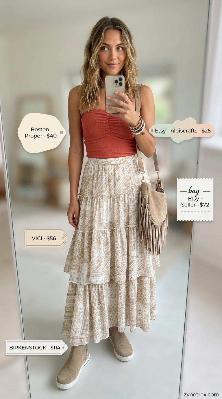 Boho Beach Ruched Tube Top Outfits 2026 Boho terracotta ruched summer tube top with a neutral print maxi skirt and fringe bag. Ruched summer tube top outfits 2026.