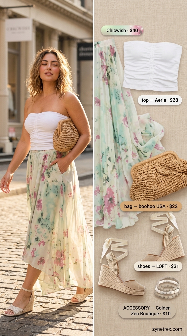 Boho Maxi Ruched Tube Top Outfits 2026 White ruched summer tube top outfit 2026 with floral maxi skirt, espadrilles, and clutch for boho vibes.