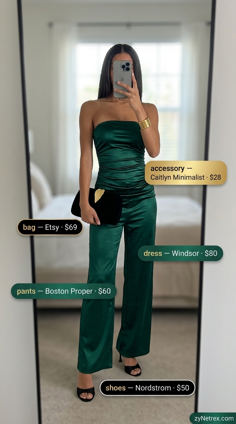 Emerald green ruched tube top co-ord set with wide-leg pants for a glamorous evening event.