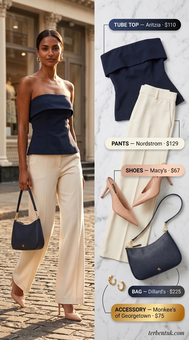 Chic Brunch Ruched Tube Top Outfits 2026 Navy ruched summer tube top outfit 2026 with cream wide-leg trousers, mules, and shoulder bag for brunch.