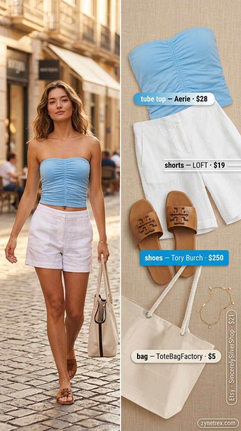 Coastal Breeze Tube Top Outfits 2026 Sky blue ruched summer tube top outfit 2026 with white Bermuda shorts, flat slides, and tote for beach day.