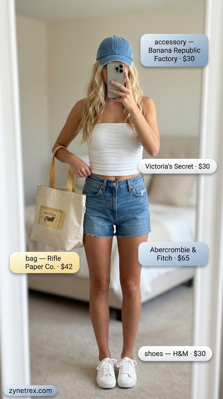 Casual Ruched Tube Top Outfits 2026 Casual day out outfit with a white ruched summer tube top, cuffed denim shorts, and canvas tote. Ruched summer tube top outfits 2026.
