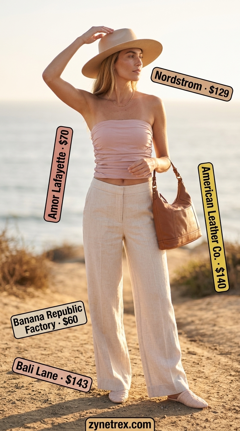 Ruched Tube Top Outfits 2026: Earthy Travel Style Muted rose ruched summer tube top with beige wide-leg pants and a wide-brimmed hat for travel.