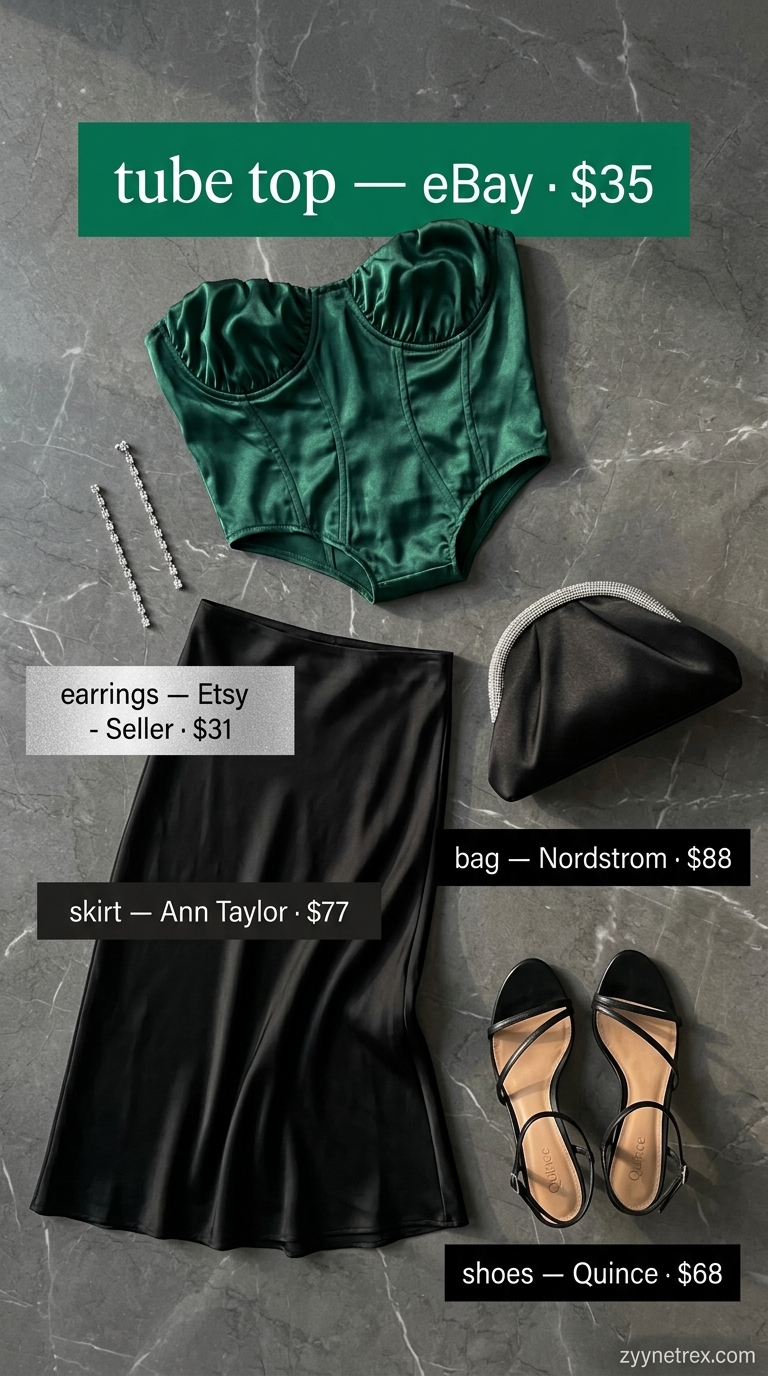Elegant Evening Tube Top Outfits 2026 Emerald green ruched summer tube top outfit 2026 with black satin midi skirt, heels, and clutch for evening.