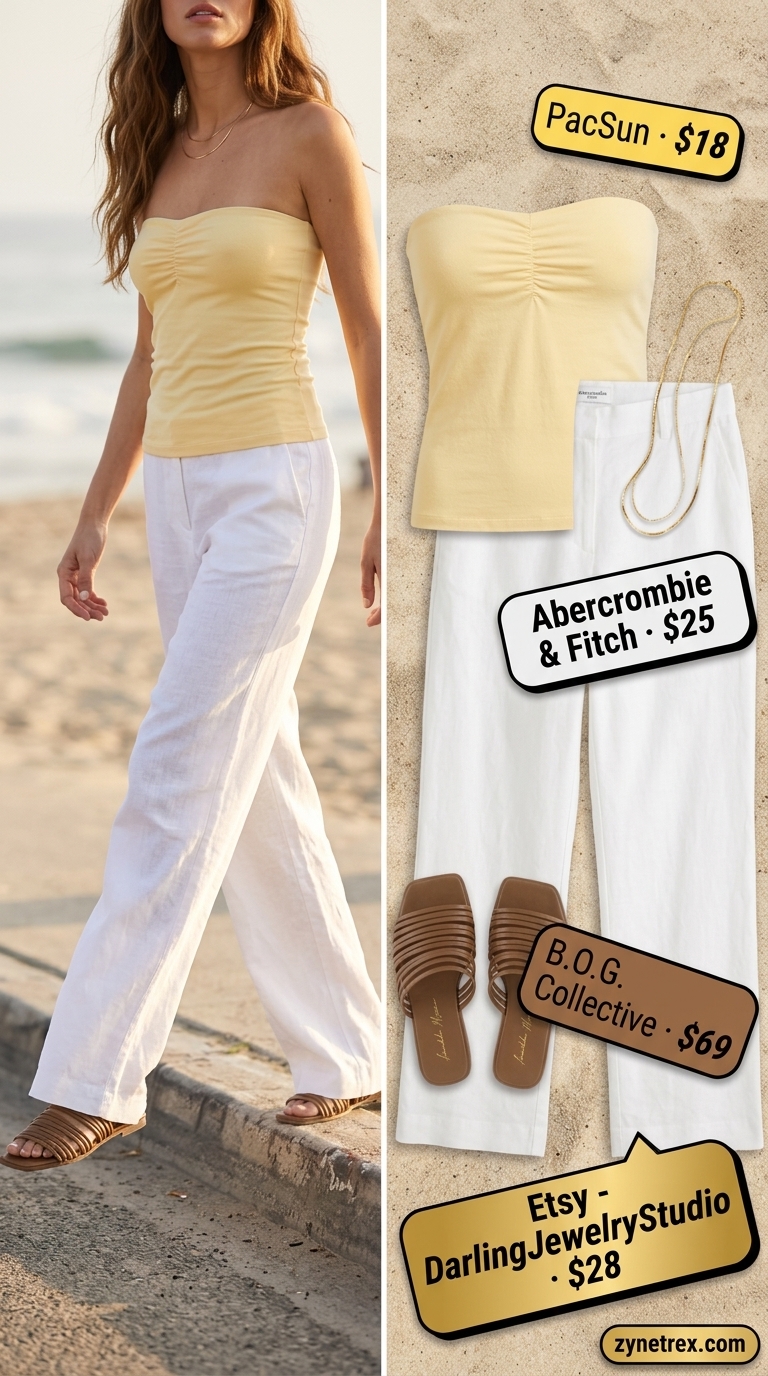 Radiant Ruched Tube Top Outfits 2026 Radiant golden yellow ruched summer tube top with linen trousers and flat slides. Ruched summer tube top outfits 2026.