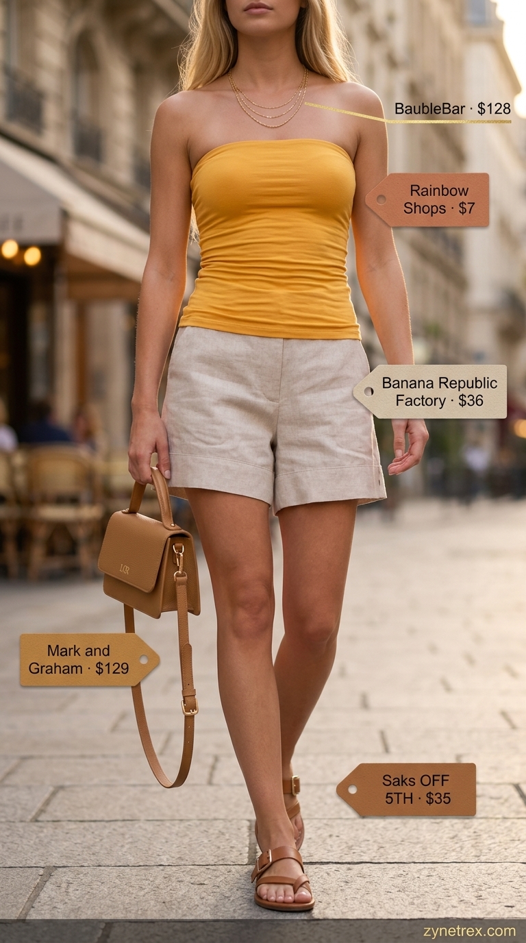 Golden Hour Ruched Tube Top Outfits 2026 Vibrant marigold ruched summer tube top outfit with linen shorts and flat sandals. Ruched summer tube top outfits 2026.