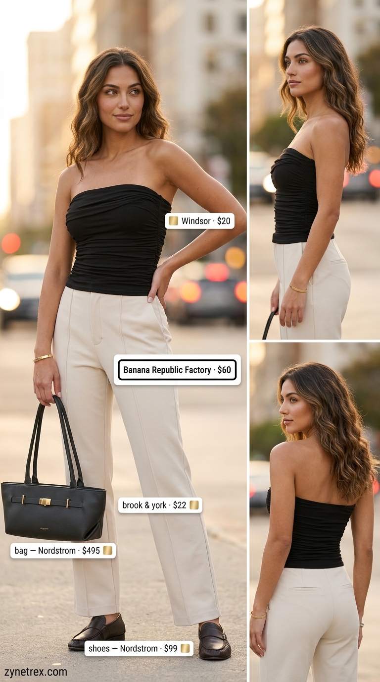 Minimalist Tube Top Outfits 2026 Black ruched summer tube top outfit 2026 with cream trousers, mules, and shoulder bag for a minimalist look.