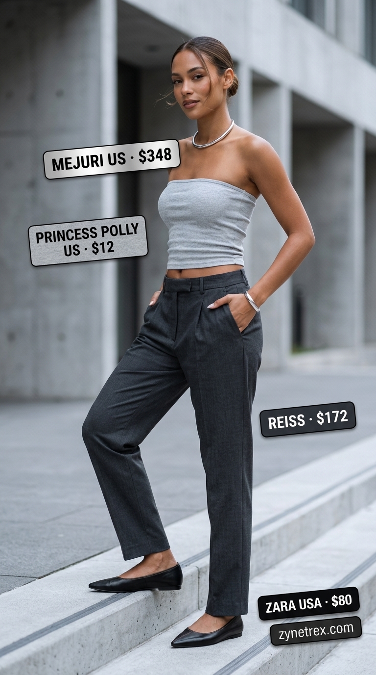 Monochromatic Tube Top Outfits 2026 Charcoal grey ruched summer tube top outfit 2026 with black trousers, flats, and shoulder bag for monochromatic look.
