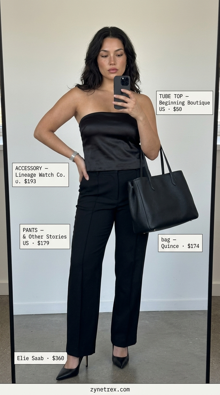 Monochrome Ruched Tube Top Outfits 2026 Sleek monochrome outfit with a black ruched summer tube top and tailored trousers. Ruched summer tube top outfits 2026.