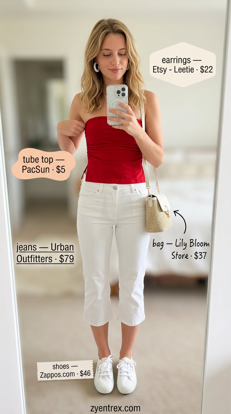 Retro Picnic Ruched Tube Top Outfits 2026 Red ruched summer tube top outfit 2026 with white denim capris, straw bag, and sneakers for a picnic.