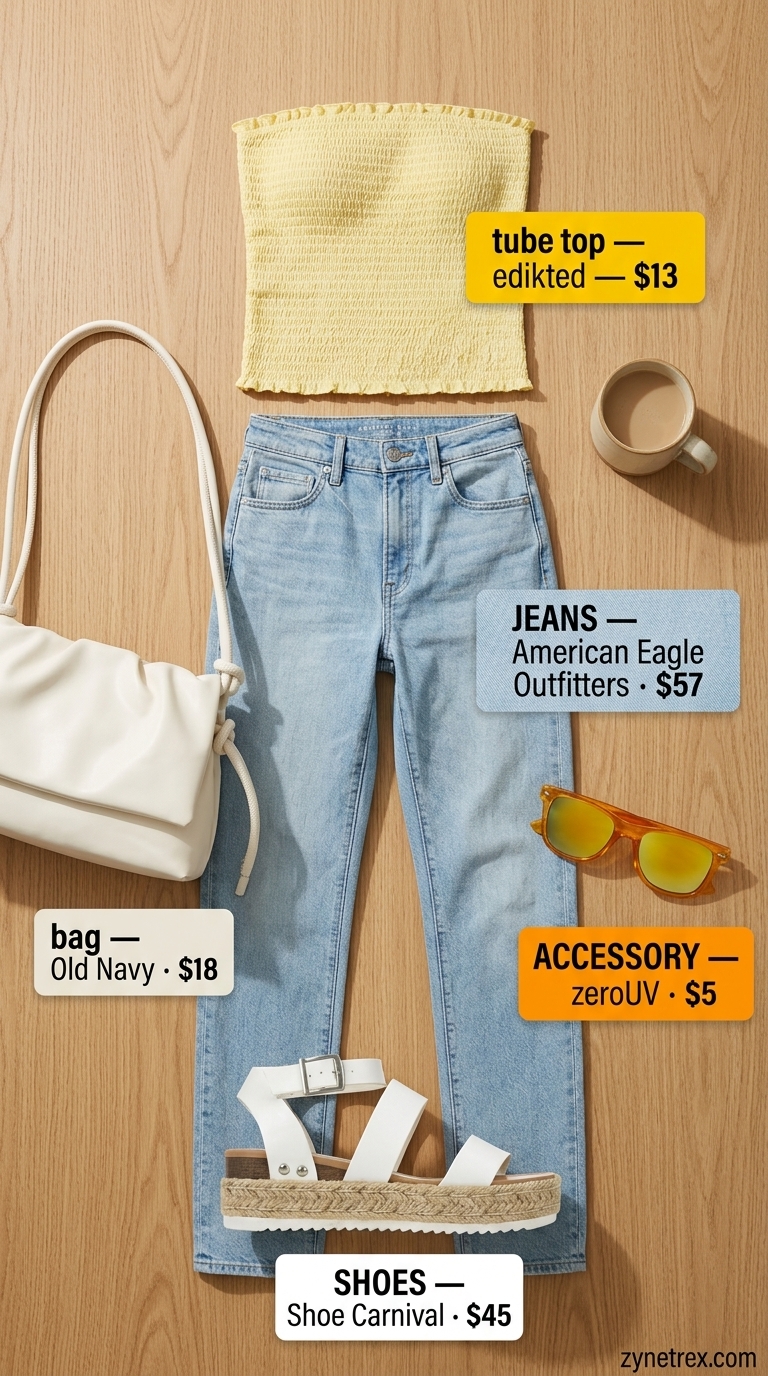 Retro Ruched Tube Top Outfits 2026 Retro yellow ruched summer tube top outfit with light wash jeans, platform sandals, and sunglasses. Ruched summer tube top outfits 2026.