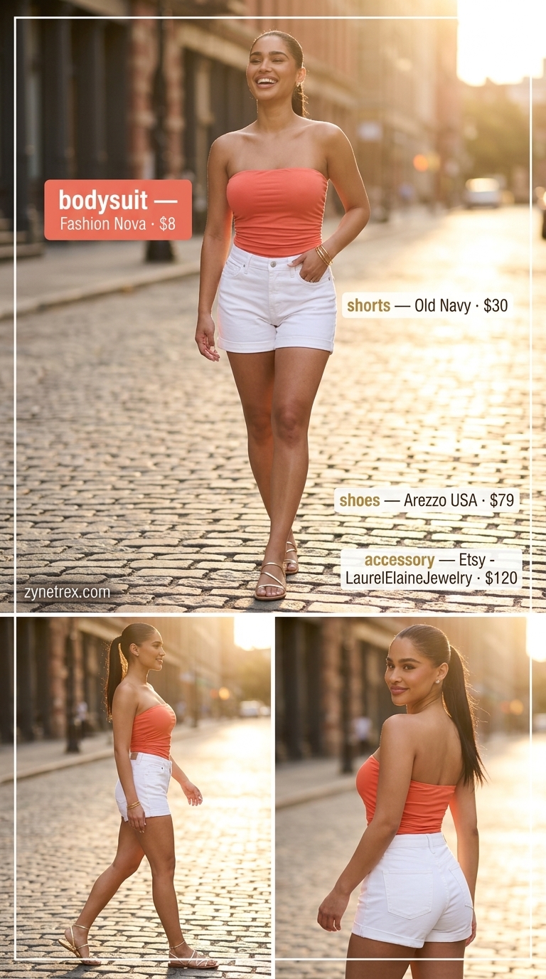 Sunset Party Tube Top Outfits 2026 Coral ruched summer tube top outfit 2026 with white denim shorts, gold sandals, and straw bag for sunset party.