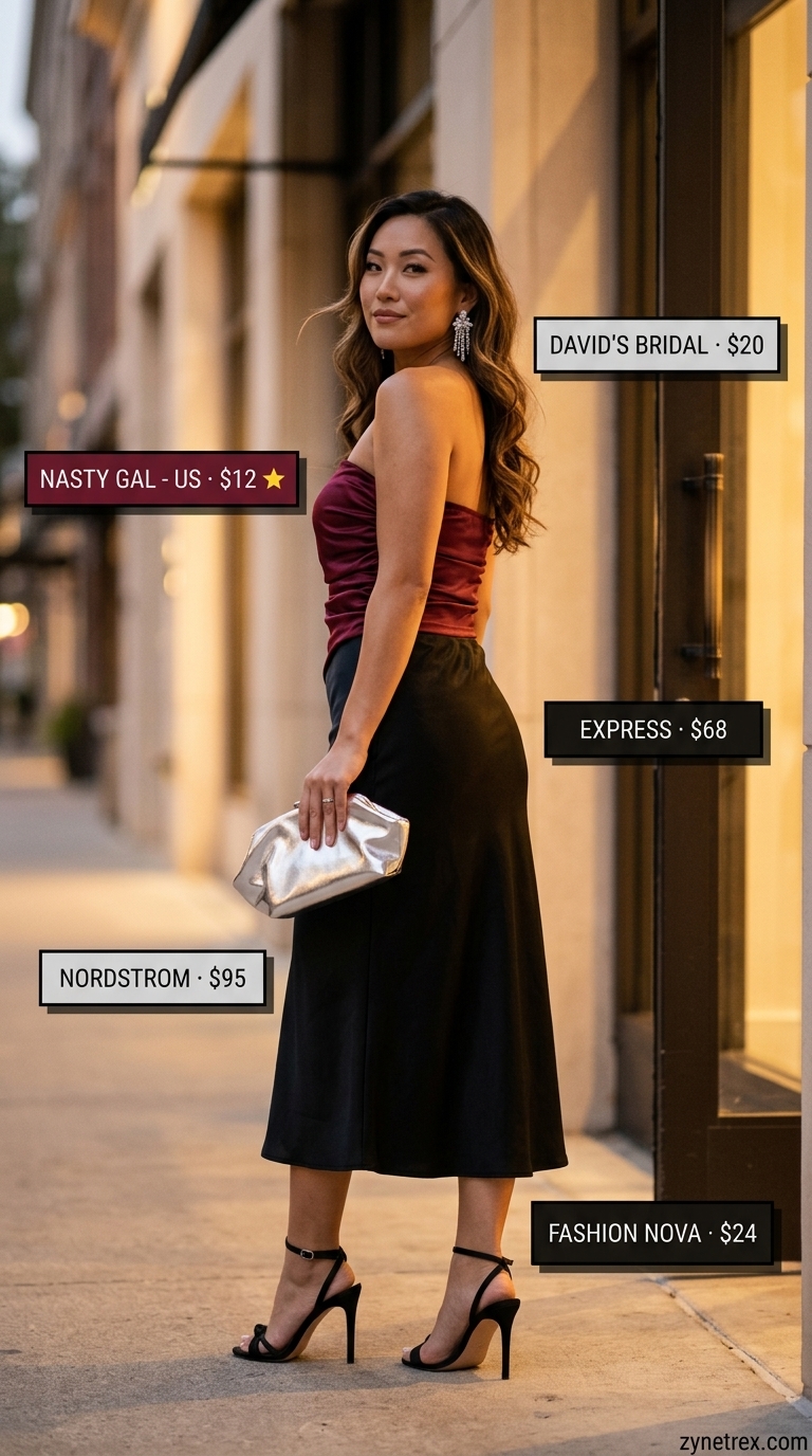 Ruched Tube Top Outfits 2026: Sultry Date Night Style Plum ruched summer tube top with a satin midi skirt and strappy heels for a date night.