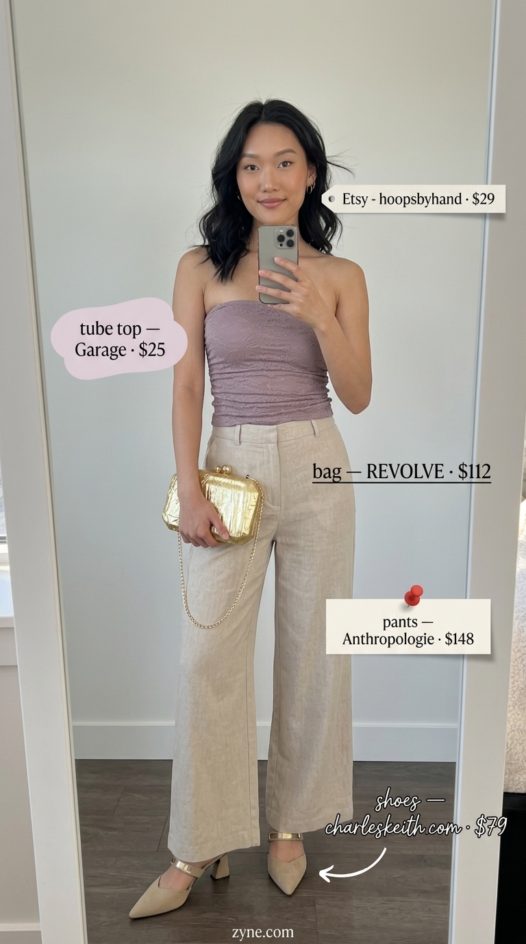 Ruched Tube Top Outfits 2026: Elegant Evening Style Coral ruched summer tube top outfit with flowy palazzo pants and gold accessories for a chic evening.