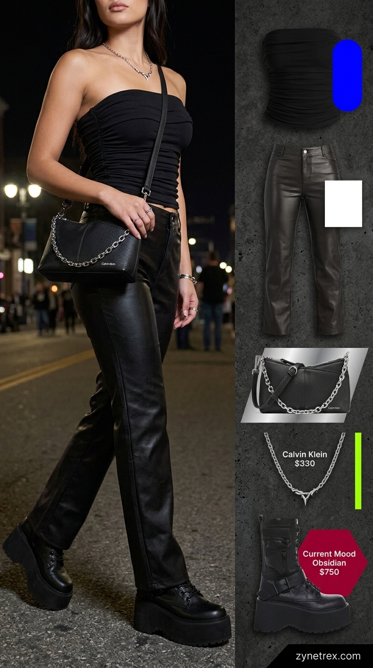 Urban Edge Ruched Tube Top Outfits 2026 Edgy black ruched summer tube top with faux leather pants and combat boots. Ruched summer tube top outfits 2026.