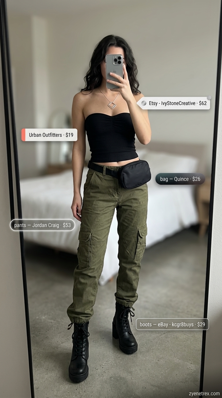 Ruched Tube Top Outfits 2026: Edgy Street Style Black ruched tube top with olive green cargo pants and combat boots for an edgy urban look.