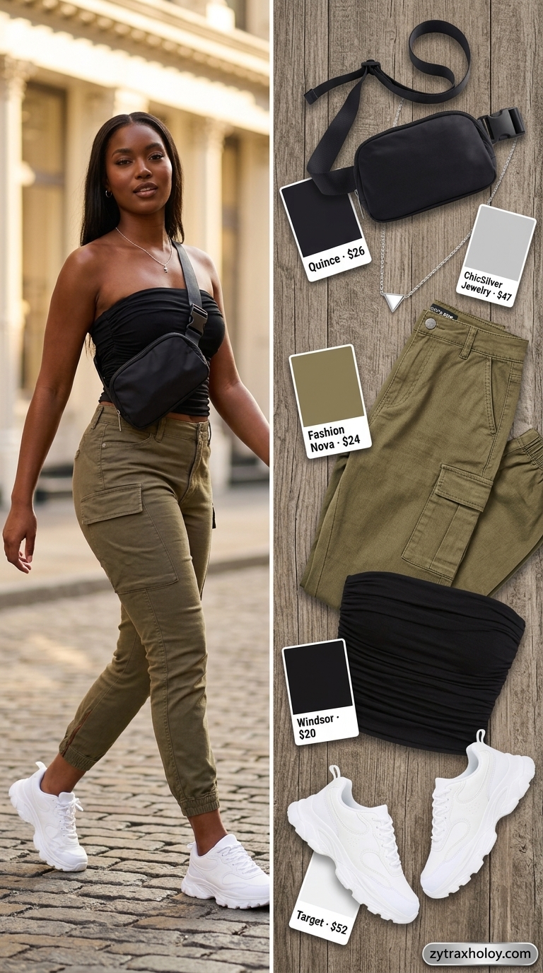 Urban Explorer Tube Top Outfits 2026 Black ruched summer tube top outfit 2026 with olive cargo pants, sneakers, and belt bag for urban exploration.