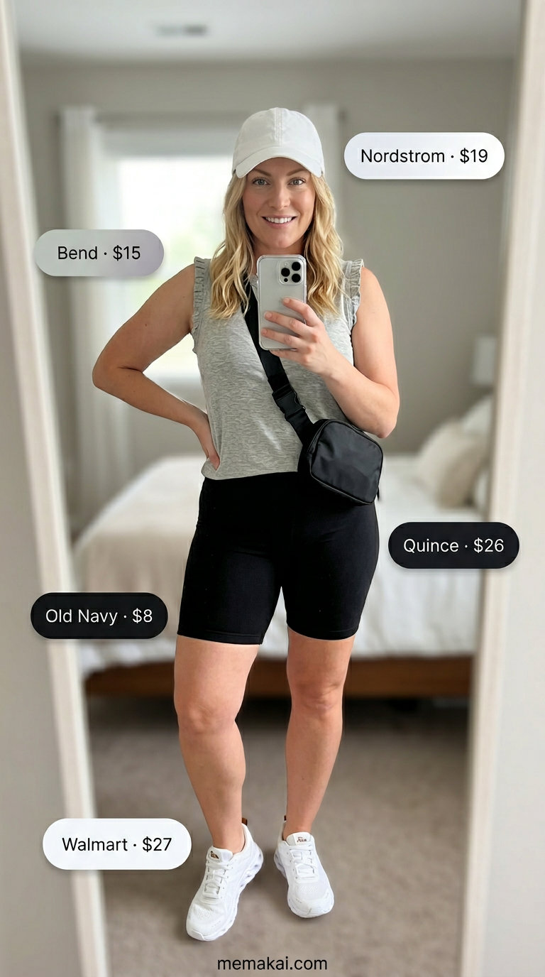 Grey ruffle summer sleeveless top 2026 with biker shorts and a belt bag for an athletic, casual day out.