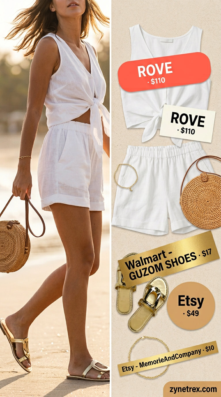 Coral ruffle summer sleeveless top 2026 with white linen shorts for a beach party outfit.