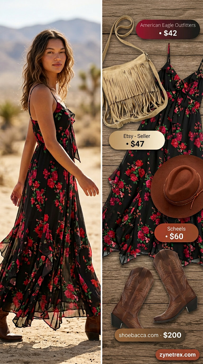 Bohemian ruffle summer sleeveless top 2026 styled with a floral maxi dress and cowboy boots for a festival look.