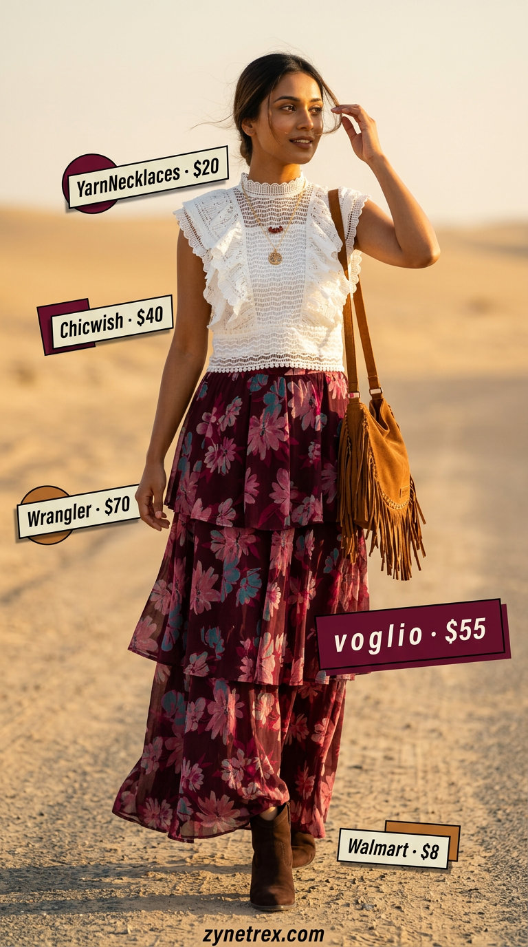 Cream ruffle summer sleeveless top 2026 with a floral maxi skirt for a boho festival look.