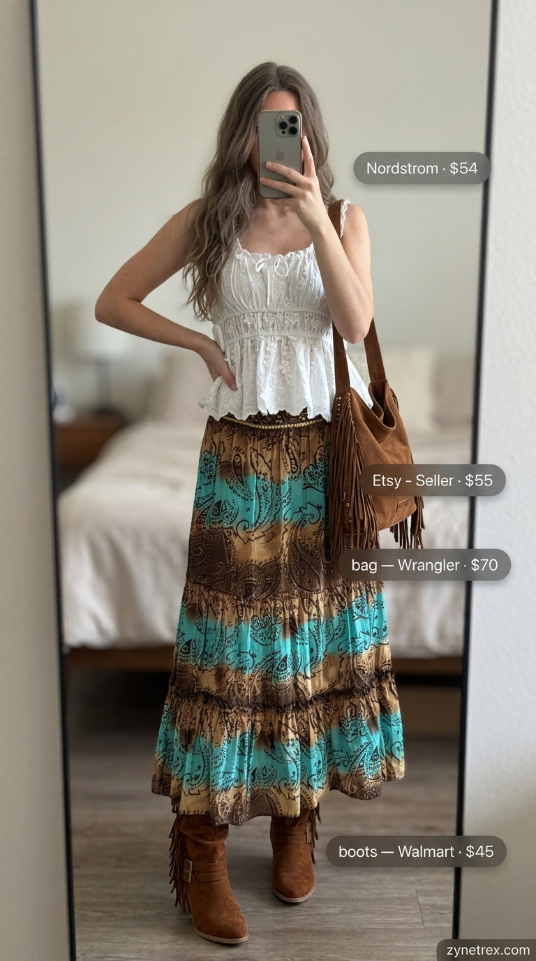 Cream peasant sleeveless top with ruffle neckline, paired with a teal paisley maxi skirt for boho festival vibes.