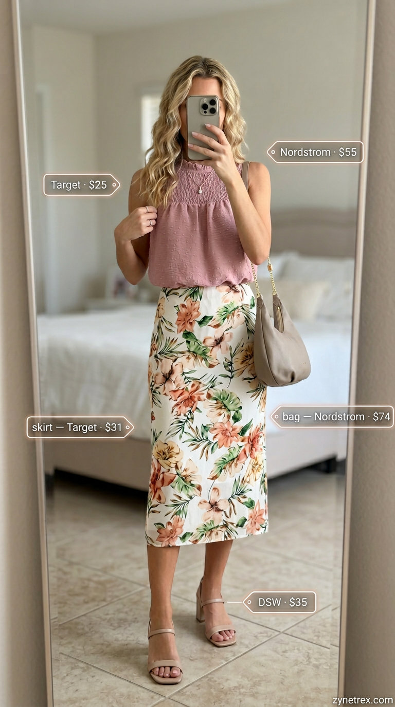 Blush pink ruffle summer sleeveless top 2026 with a pastel floral midi skirt for weekend brunch.