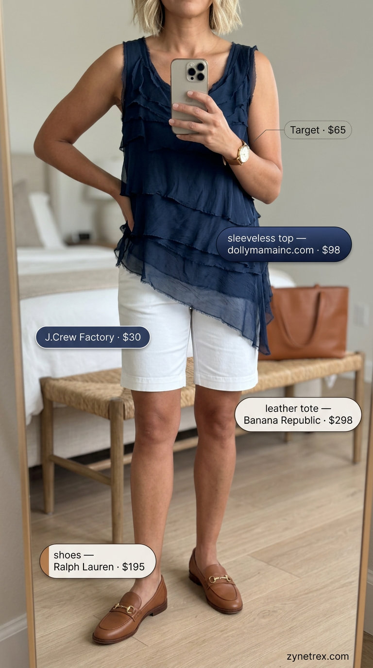 Navy ruffle summer sleeveless top 2026 with tailored Bermuda shorts for a polished city chic look.